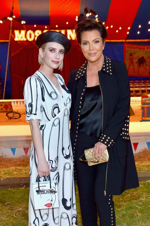 Emma Roberts and Kris Jenner attends the Moschino Spring/Summer 19 Menswear and Women's Resort Collection at Los Angeles Equestrian Center on June 8, 2018 in Burbank, California.