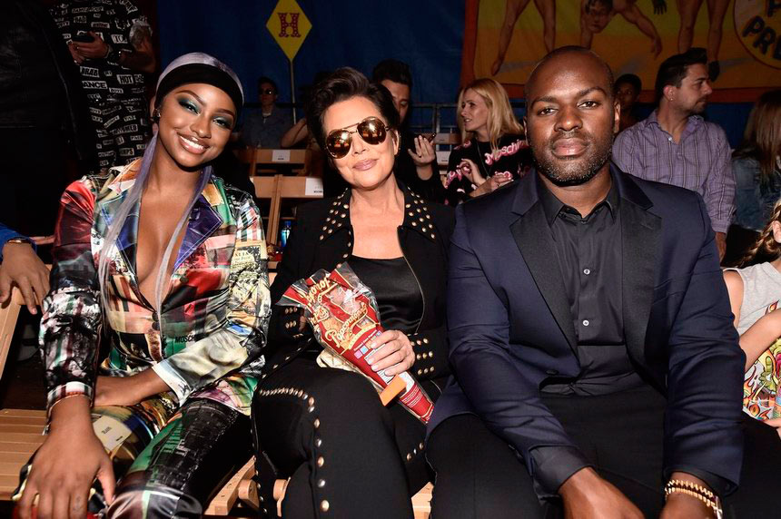 BURBANK, CA - JUNE 08:  (L-R) Justine Skye, Kris Jenner, and Corey Gamble attend the Moschino Spring/Summer 19 Menswear and Women's Resort Collection at Los Angeles Equestrian Center on June 8, 2018 in Burbank, California.  (Photo by Frazer Harrison/Getty Images for Moschino )