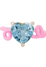 Bea Bongiasca Penny Ring – Anello in oro giallo 18 kt con smalto color rosa candy, diamanti e acquamarina taglio cuore