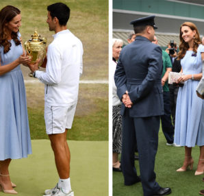 The Duchess of Cambridge Kate Middleton wears Aldo Nicholes, at the Wimbledon award ceremony