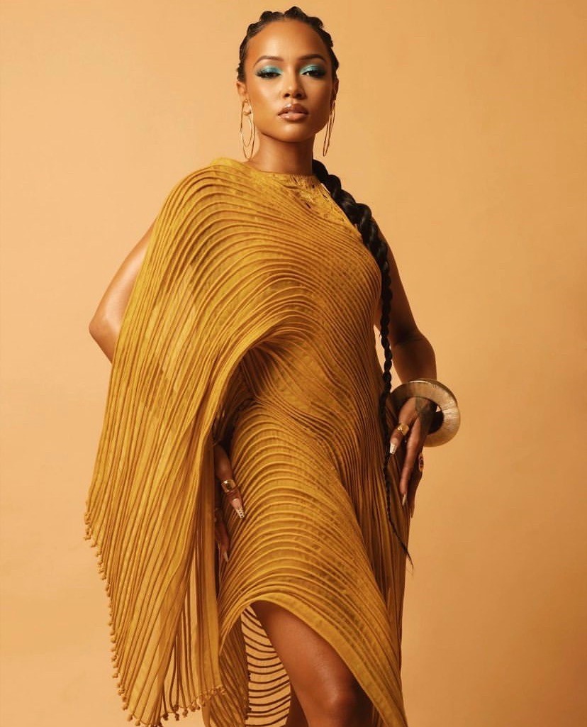 Karrueche wears a dress by Vaishali s at the premiere of Wakanda Forever