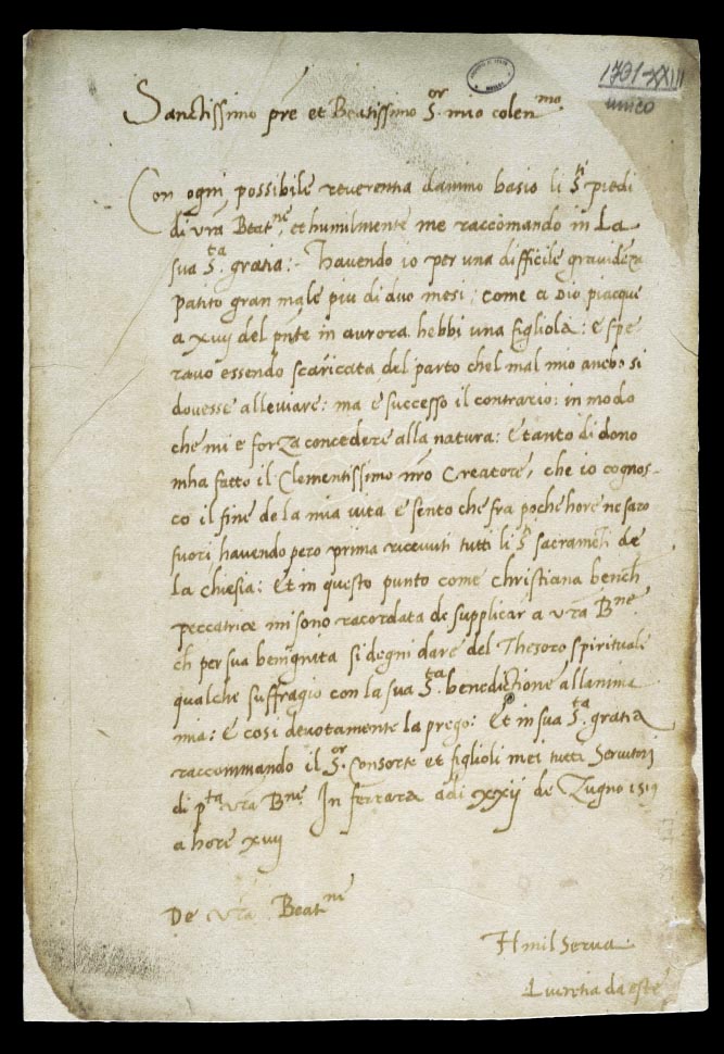 Letter from Lucrezia Borgia to Leo X dated 22-06-1519-ASMO digitisation by Haltadefinizione
