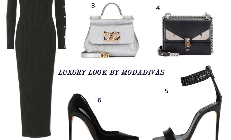 Tubino nero Versace, Orecchini neri Dsquared2, Borsa silver Dolce&Gabbana, borsa nera Fendi, Decollete Alexander McQueen, sandalo Dsquared2
