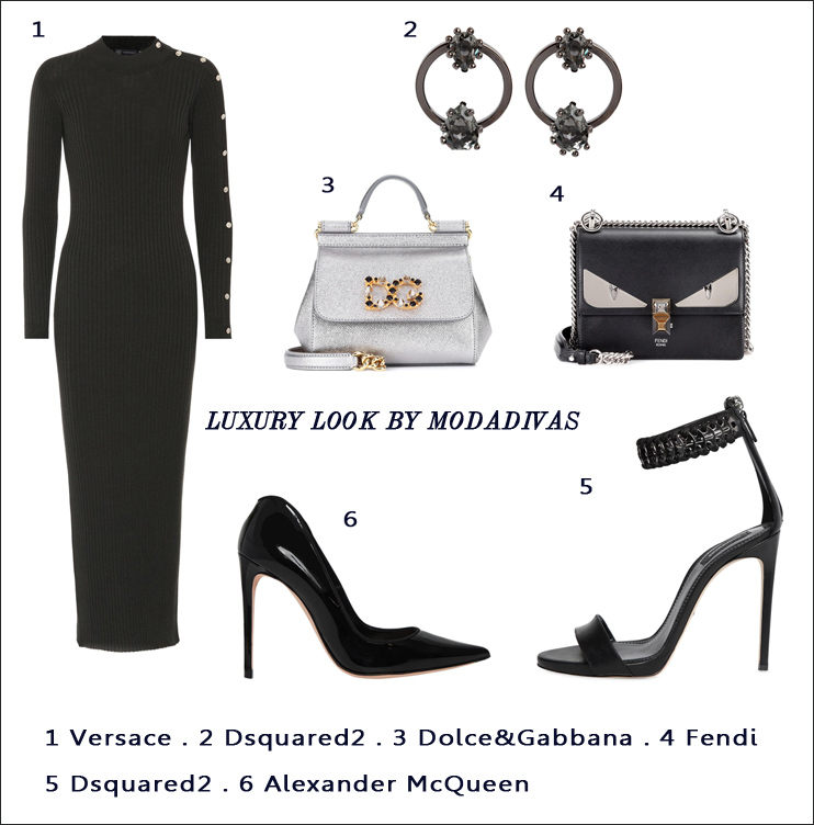 Tubino nero Versace, Orecchini neri Dsquared2, Borsa silver Dolce&Gabbana, borsa nera Fendi, Decollete Alexander McQueen, sandalo Dsquared2